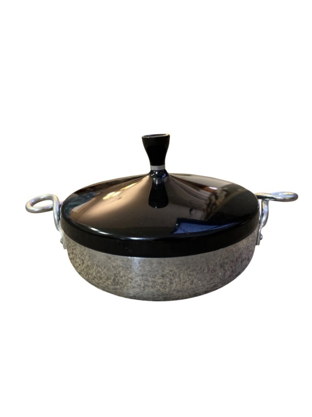 Vintage MCM Aluminum Cookware Dish Black Lid Starburst Used Handles Small - Picture 2 of 14